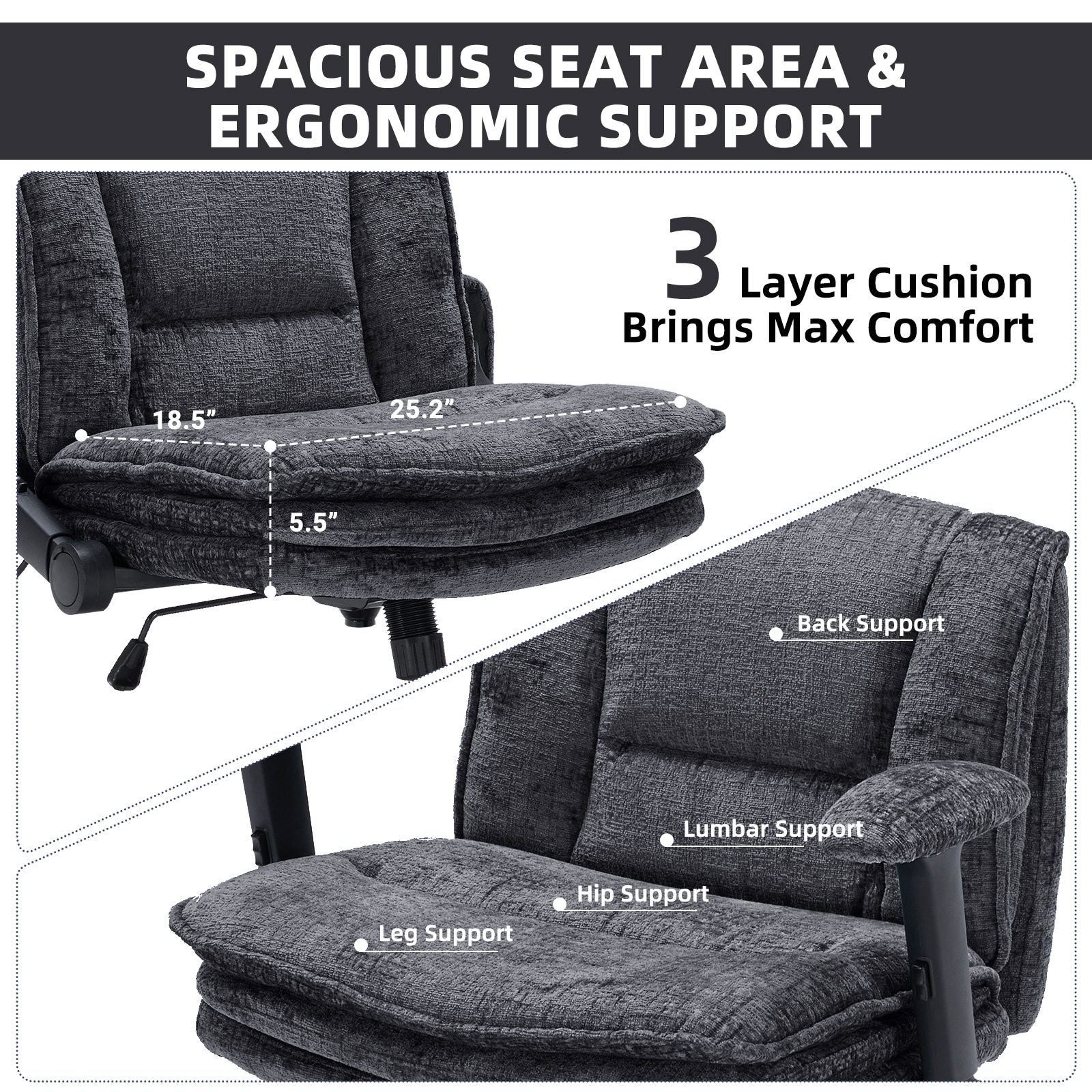 Criss Cross Chair With Wheels And Flip Arms, Upholstered Cross Legged Office Chair With 3 Layer Cushions&Dynamic Airbag Lumbar Support, Wide Seat Comfy Desk Chair For Home Office, Living Room, Black_maomaolike.com